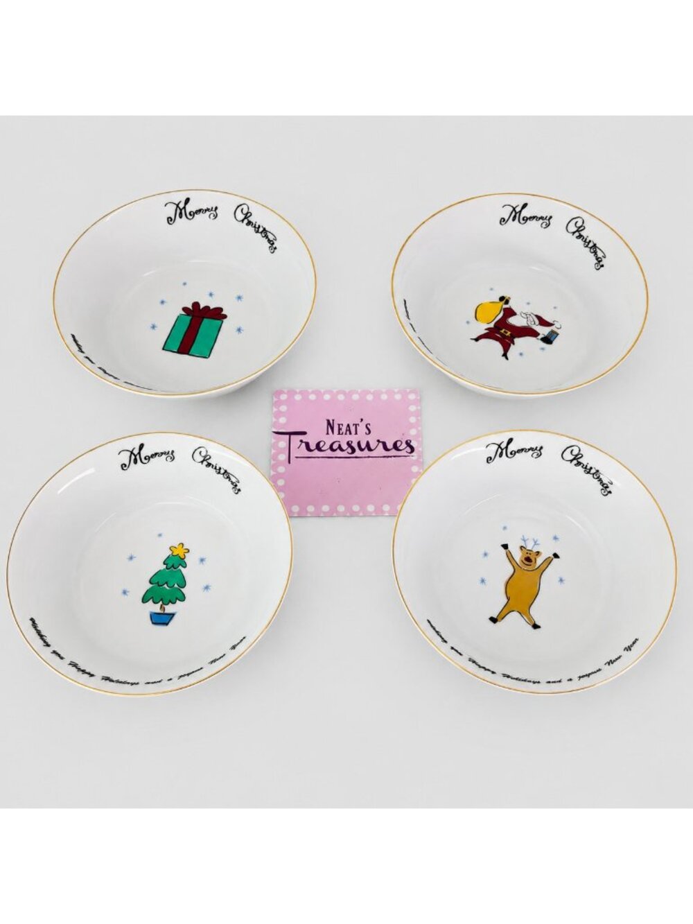 2001 Merry Brite MERRY CHRISTMAS Reindeer Package Santa Soup Cereal Bowls  Set 4